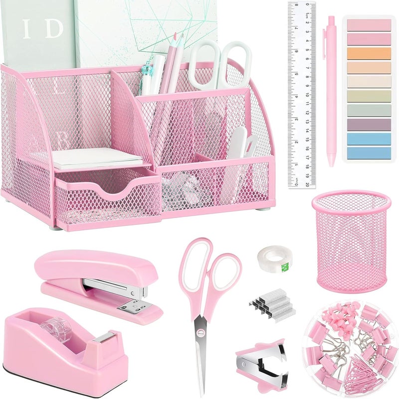 Scindaly Pink Office Desk Accessories Supplies, 12pcs Desk Organizers and Accessories with Tape dispenser and Stapler,Staples,Staple Remover,Pen Holder,Scissor,Ruler,Sticky Tabs,Tape,Ballpoint Pen,Clips Set - Image 1